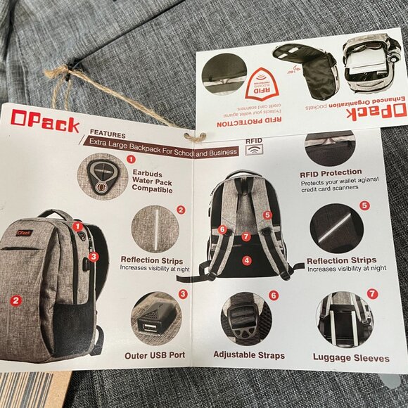 OPack Grey Laptop Backpack USB Port RFID Anti Theft Travel School Bag - Picture 3 of 9